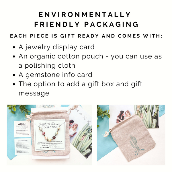 Jewelry packaging with display card, organic cotton pouch, gemstone info card, and gift box option.