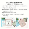 Jewelry packaging with display card, organic cotton pouch, gemstone info card, and gift box option.