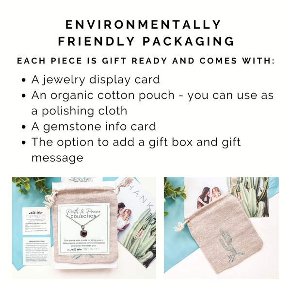 Jewelry packaging with display card, organic cotton pouch, gemstone info card, and gift box option.