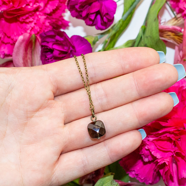 Hand holding a necklace with a smoky quartz pendant against a background of pink flowers