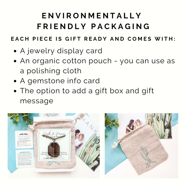 Jewelry packaging with display card, organic cotton pouch, gemstone info card, and gift box option.