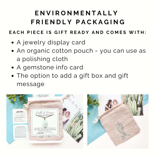 Jewelry packaging with display card, organic cotton pouch, gemstone info card, and gift box option.