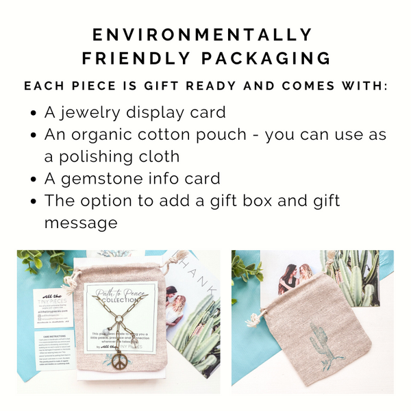 Jewelry packaging with display card, organic cotton pouch, gemstone info card, and gift box option.