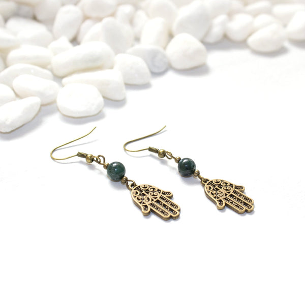 Dainty Hamsa and Agate Earrings - Spiritual Boho Jewelry
