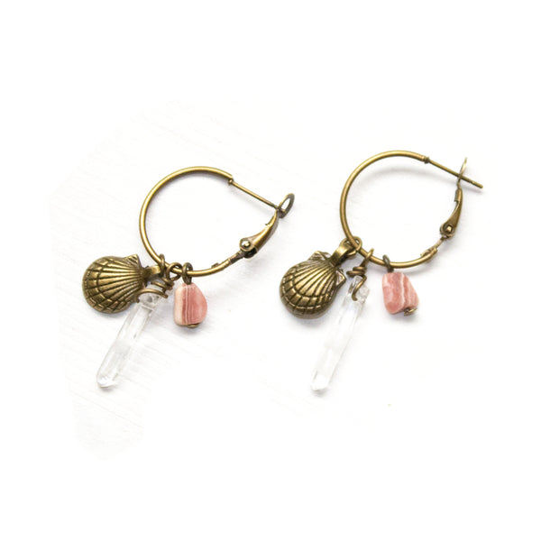 Rhodochrosite, Crystal and Shell Dainty Hoop Earrings - Coastal Collection