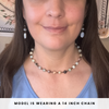 Person wearing an amazonite beaded necklace with text indicating chain length