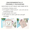Jewelry packaging with display card, organic cotton pouch, gemstone info card, and gift box option.