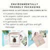 Jewelry packaging with display card, organic cotton pouch, gemstone info card, and gift box option.