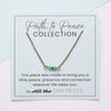 Necklace with amazonite beads on a 'Path to Peace Collection' card with text.