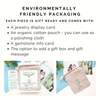 Jewelry packaging with display card, organic cotton pouch, gemstone info card, and gift box option.