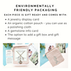 Jewelry packaging with display card, organic cotton pouch, gemstone info card, and gift box option.
