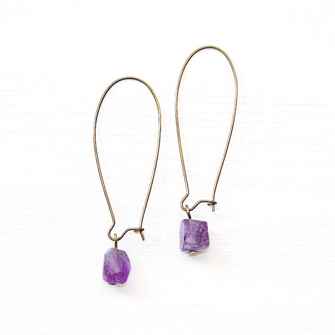 Amethyst Long Hoop Earrings - Raw Crystal Jewelry