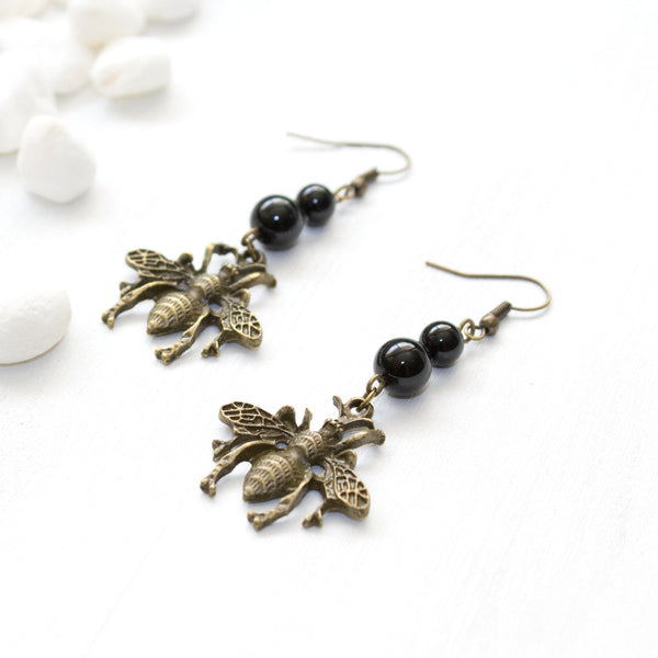 Bee and Black Agate Earrings - Spiritual Boho Jewelry