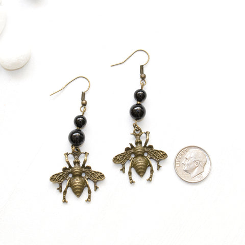 Bee and Black Agate Earrings - Spiritual Boho Jewelry
