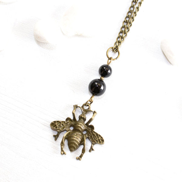 Bee and Black Agate Necklace - Spiritual Boho Jewelry