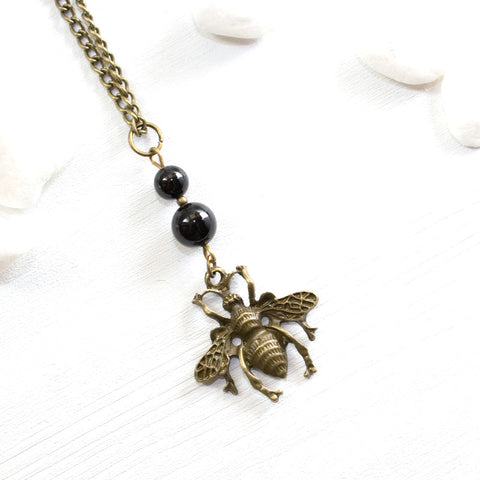 Bee and Black Agate Necklace - Spiritual Boho Jewelry