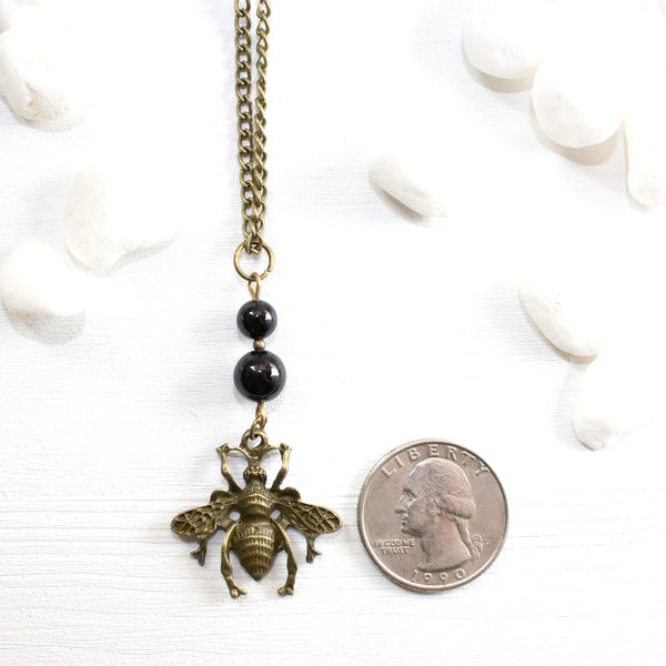 Bee and Black Agate Necklace - Spiritual Boho Jewelry