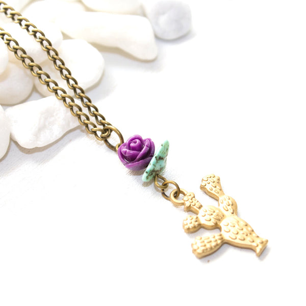 Cactus and Turquoise Necklace - Southwestern Boho Jewelry