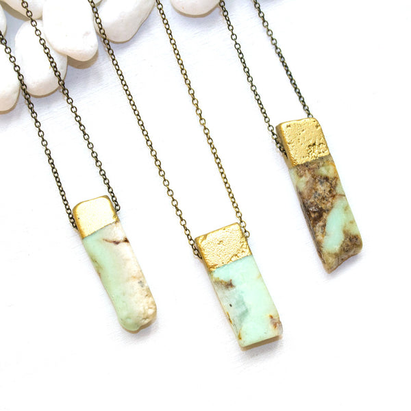 Gold Dipped Chrysoprase Necklace - Natural Gemstone Jewelry
