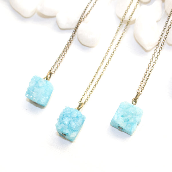 Mini Aqua Druzy Cube Necklace - Natural Gemstone and Raw Crystal Jewelry