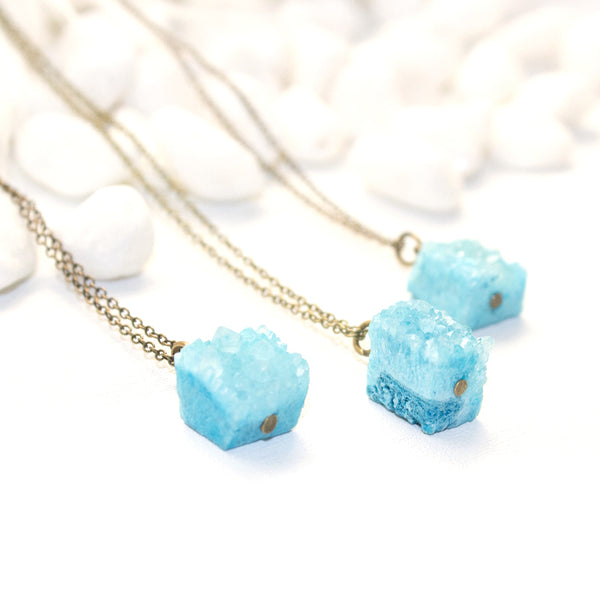 Mini Aqua Druzy Cube Necklace