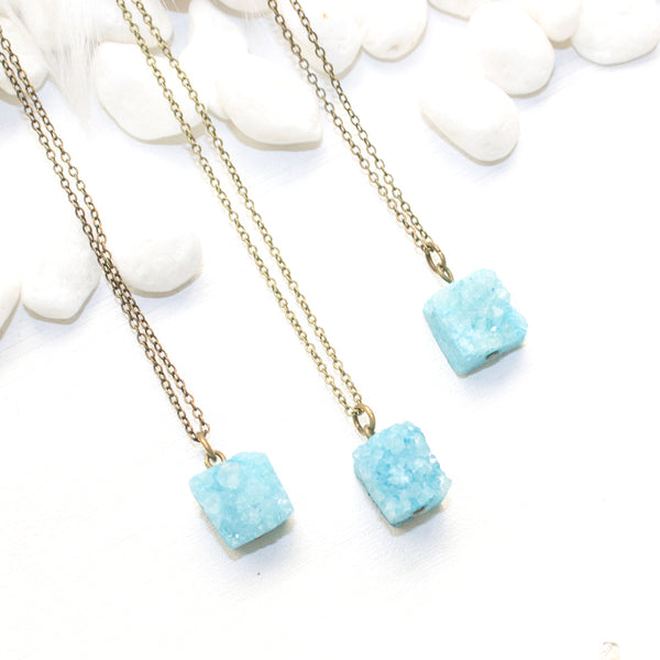 Mini Aqua Druzy Cube Necklace - Natural Gemstone and Raw Crystal Jewelry