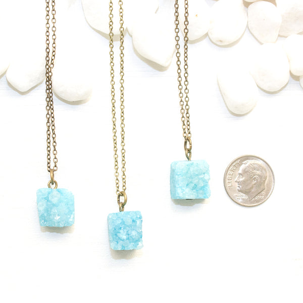Mini Aqua Druzy Cube Necklace - Natural Gemstone and Raw Crystal Jewelry