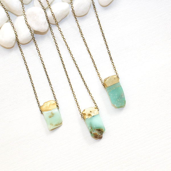 Dainty Gold Dipped Chrysoprase Necklace - Natural Gemstone Jewelry