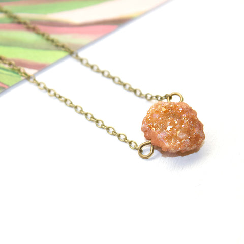 Dainty Peach Druzy Necklace - Natural Gemstone Jewelry
