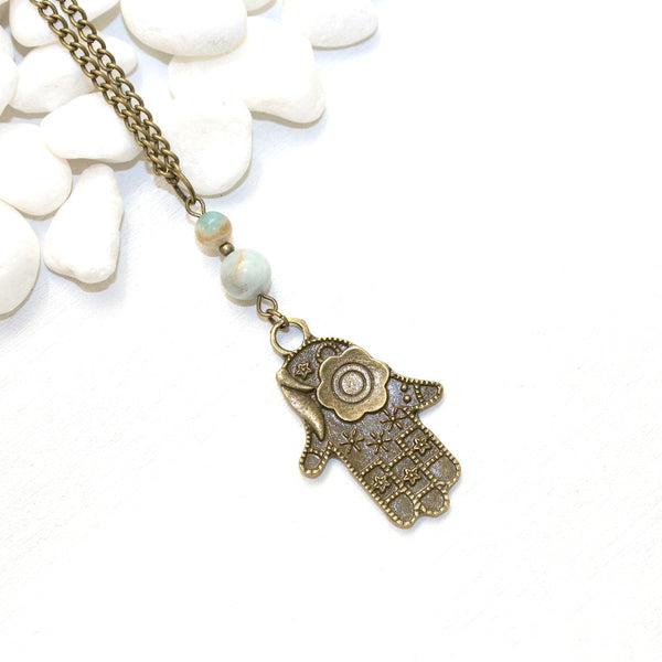 Hamsa and Amazonite Necklace - Spiritual Boho Jewelry