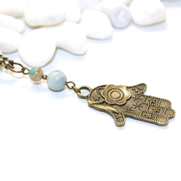 Hamsa and Amazonite Necklace - Spiritual Boho Jewelry