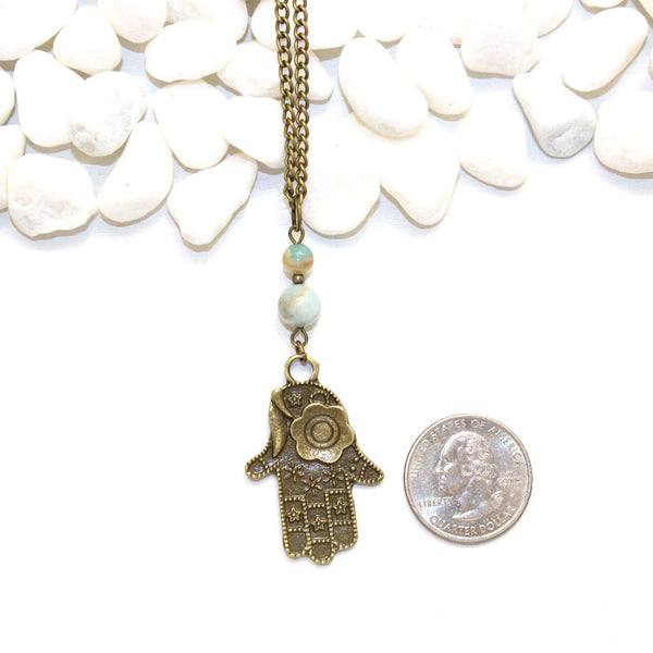 Hamsa and Amazonite Necklace - Spiritual Boho Jewelry