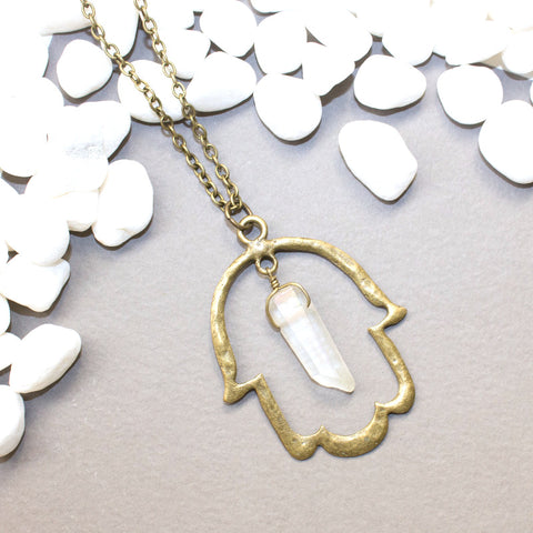 Hamsa Necklace with Angel Aura Quartz - Spiritual Jewelry