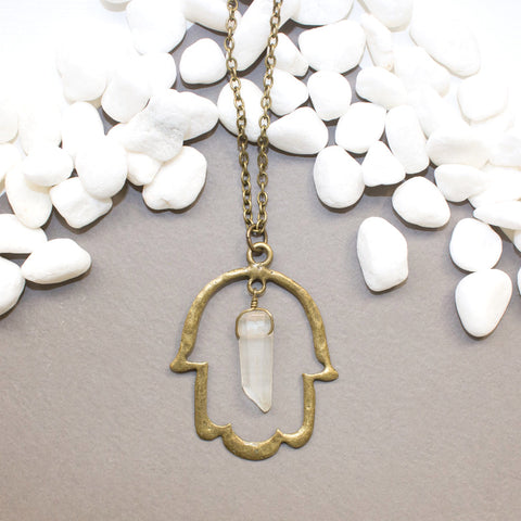 Hamsa Necklace with Angel Aura Quartz - Spiritual Jewelry