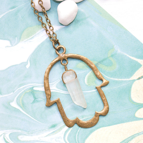 Hamsa Necklace with Angel Aura Quartz - Spiritual Jewelry