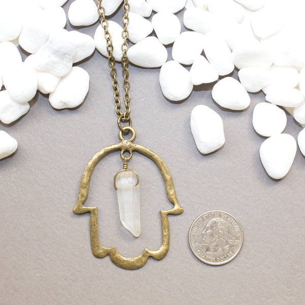 Hamsa Necklace with Angel Aura Quartz - Spiritual Jewelry