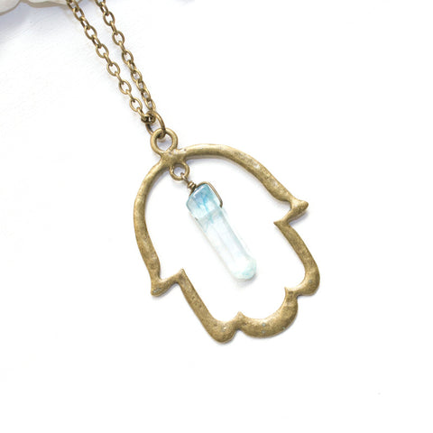 Hamsa Necklace with Aqua Aura Quartz - Spiritual Jewelry