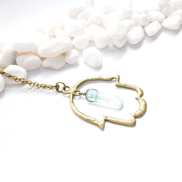 Hamsa Necklace with Aqua Aura Quartz - Spiritual Jewelry