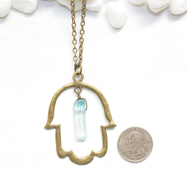 Hamsa Necklace with Aqua Aura Quartz - Spiritual Jewelry