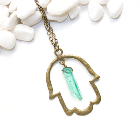 Hamsa Necklace with Green Aura Quartz - Spiritual Jewelry