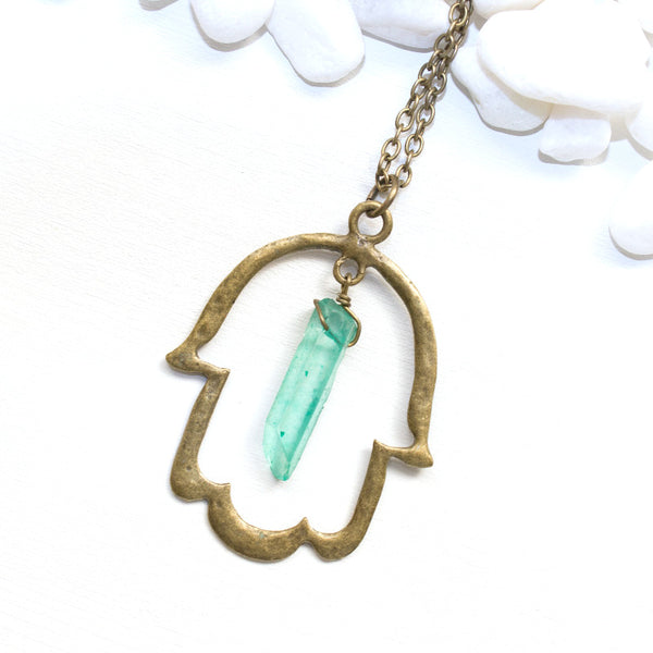 Hamsa Necklace with Green Aura Quartz - Spiritual Jewelry