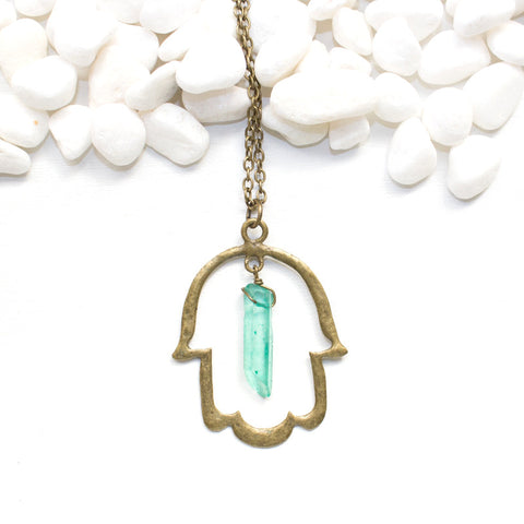Hamsa Necklace with Green Aura Quartz - Spiritual Jewelry