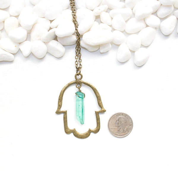 Hamsa Necklace with Green Aura Quartz - Spiritual Jewelry