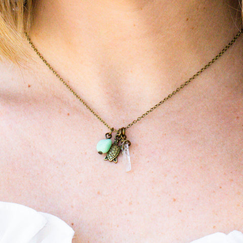 Chrysoprase, Crystal and Turtle Drop Necklace - Coastal Collection