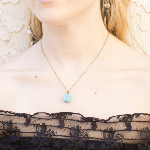 Mini Aqua Druzy Cube Necklace - Natural Gemstone and Raw Crystal Jewelry