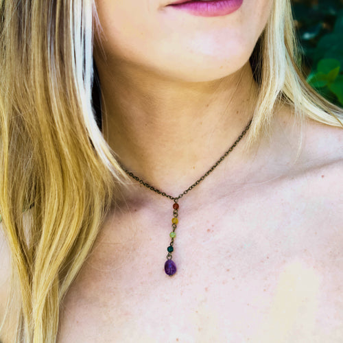 Rainbow Pebble Y Necklace