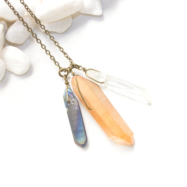 Triple Crystal Necklace - Peach Aura Quartz
